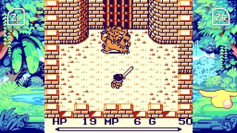 A character stands ready to battle a creature in front of a stone door, set in a lush, colorful environment, showcasing gameplay from the video game Collection of Mana.