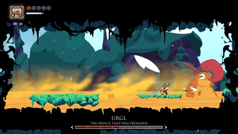 A scene from the video game Marko: Beyond Brave showcases a character navigating a vibrant environment, facing a large creature named Urgl amidst colorful backgrounds and dynamic gameplay elements.