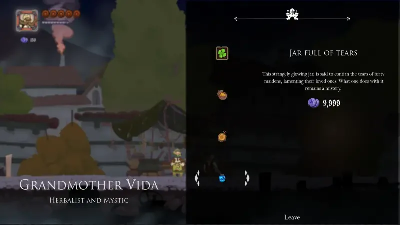 A scene from the video game Marko: Beyond Brave, featuring Grandmother Vida, a herbalist and mystic, alongside an item description for the Jar Full of Tears.