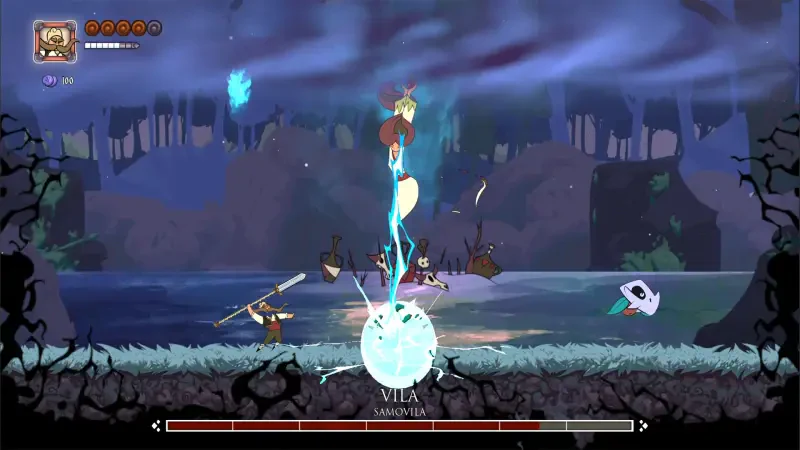 A dynamic scene from the video game Marko: Beyond Brave, featuring a character leaping into action, casting magic amidst a mystical landscape filled with enemies and obstacles.