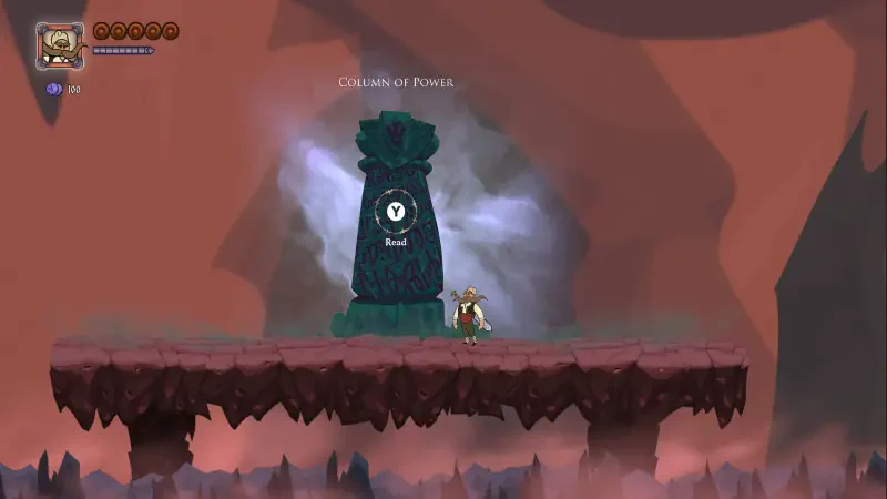 A character stands on a platform in a vibrant landscape from the video game Marko: Beyond Brave, facing a mysterious monument that glows against a dramatic backdrop.