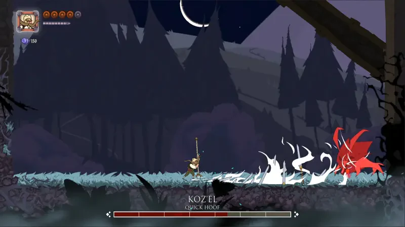 A scene from the video game Marko: Beyond Brave, featuring a character battling a red creature in a dark forest under a crescent moon. The environment is eerie and captivating.
