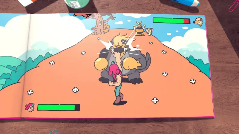 An animated scene from the video game The Plucky Squire, featuring a character battling a large creature in a colorful, book-like environment. Health bars are visible at the bottom.