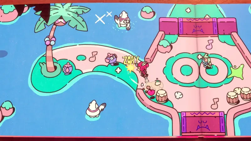A colorful scene from the video game The Plucky Squire, featuring whimsical characters on a vibrant island landscape, engaging in playful action amidst musical notes and drum-like objects.