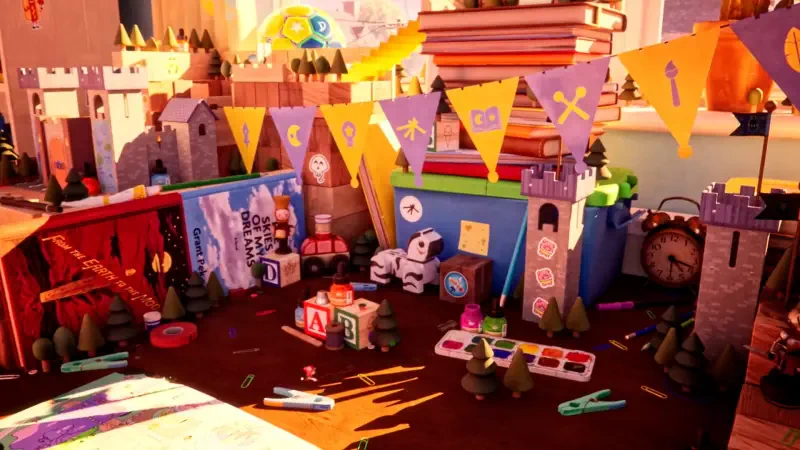 A colorful, whimsical scene inspired by the video game The Plucky Squire, featuring a miniature castle, playful decorations, and art supplies amidst stacked books.