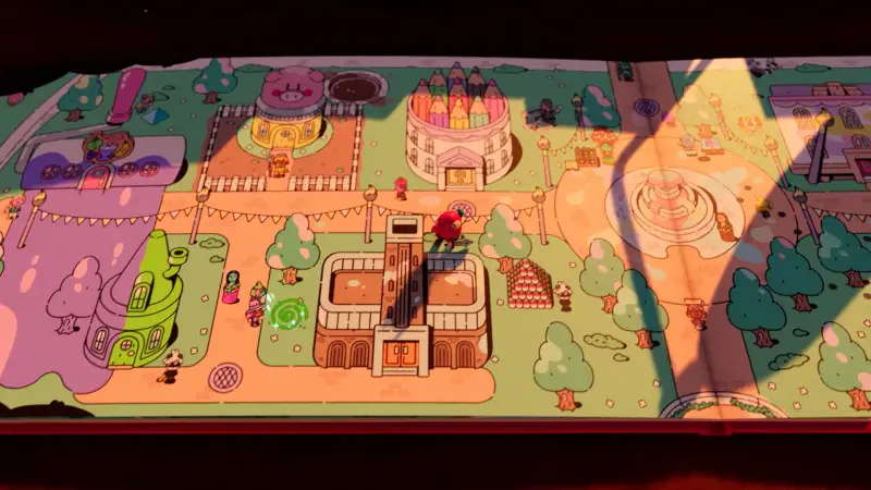 A colorful, illustrated scene from the video game The Plucky Squire, depicting a vibrant storybook world filled with castles, characters, and playful landscapes.