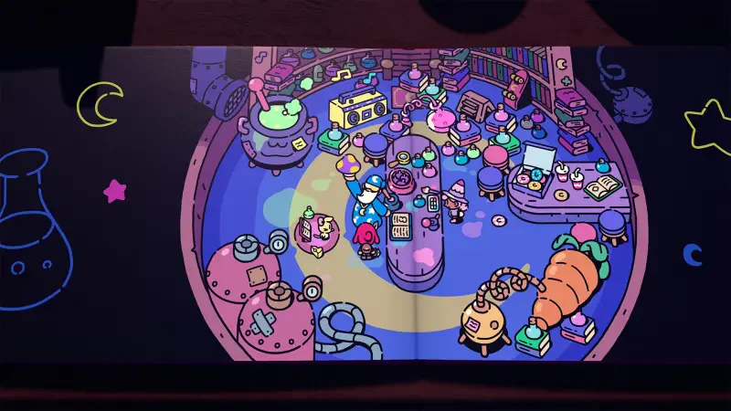 A colorful, whimsical scene from the video game The Plucky Squire, featuring a vibrant alchemist's lab filled with quirky objects and playful characters.