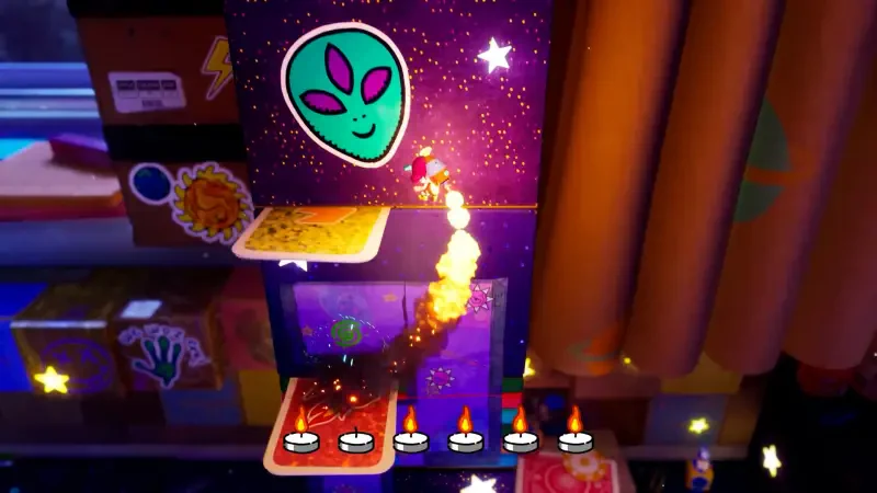 A colorful scene from the video game The Plucky Squire, featuring a character launching upward amidst vibrant background elements like an alien and sparkling stars.