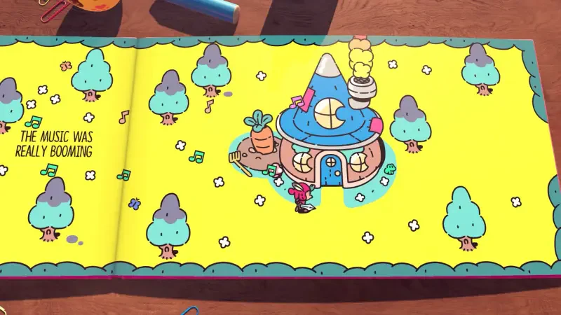 A vibrant scene from the video game The Plucky Squire, featuring a whimsical house surrounded by colorful trees and playful details in a storybook setting.