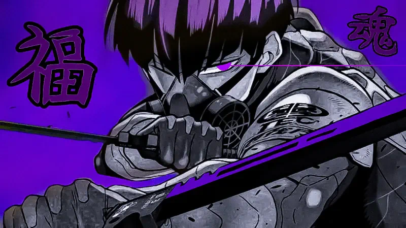 Masked anime swordsman Soushirou Hoshina with purple hair and a glowing katana, poised against a vivid purple backdrop accented by kanji.