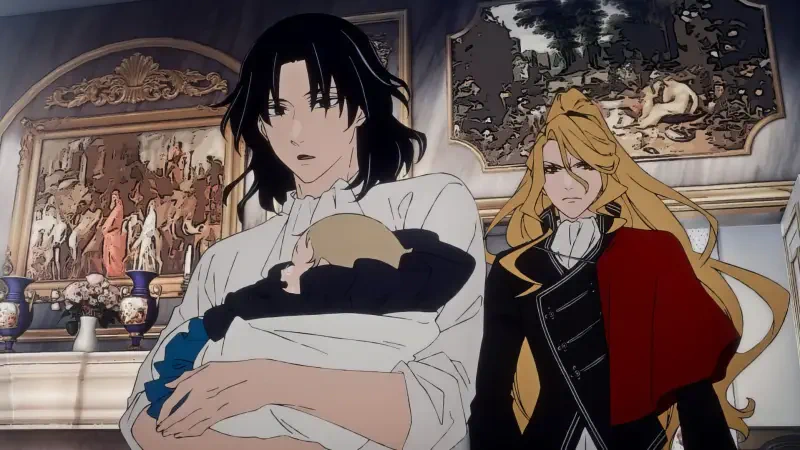 Anime scene from Delico's Nursery featuring two characters: one with long black hair holding a baby and another with blonde hair in an ornate outfit, set against a richly decorated background.