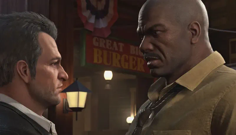Two characters face each other in a tense moment from the video game Dead Rising Deluxe Remaster, set against a backdrop featuring a burger restaurant.