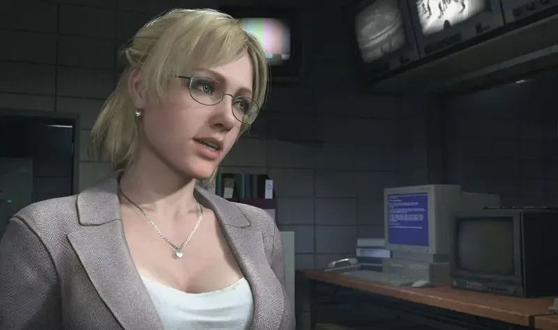 A character from the video game Dead Rising Deluxe Remaster stands in a dimly lit room, wearing glasses and a stylish outfit, with vintage computers and monitors in the background.