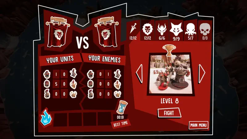 Game interface for Toy Tactics, featuring a matchup screen with player and enemy stats, level progress, and character icons on a vibrant red background.