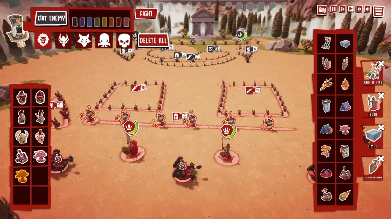 A strategic gameplay scene from the video game Toy Tactics, showcasing units arranged in battle formations against an engaging background of hills and structures.