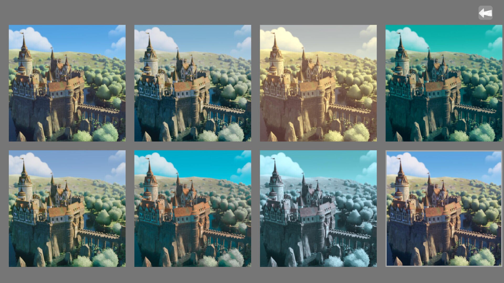 A montage showcasing various color palettes from the video game Tiny Glade, featuring a castle set amidst lush, vibrant forests and varied sky tones.