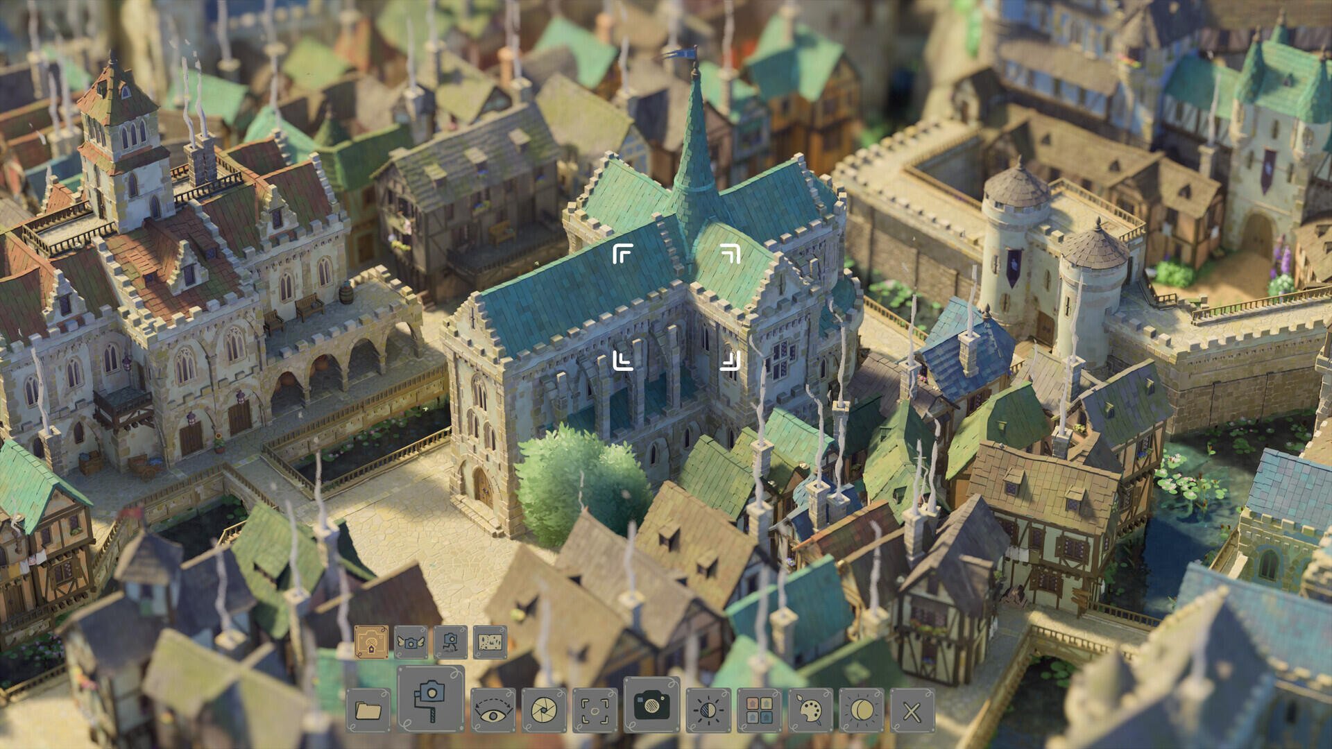 A detailed aerial view of a vibrant, quaint village from the video game Tiny Glade, showcasing charming architecture and lush greenery amidst the picturesque landscape.