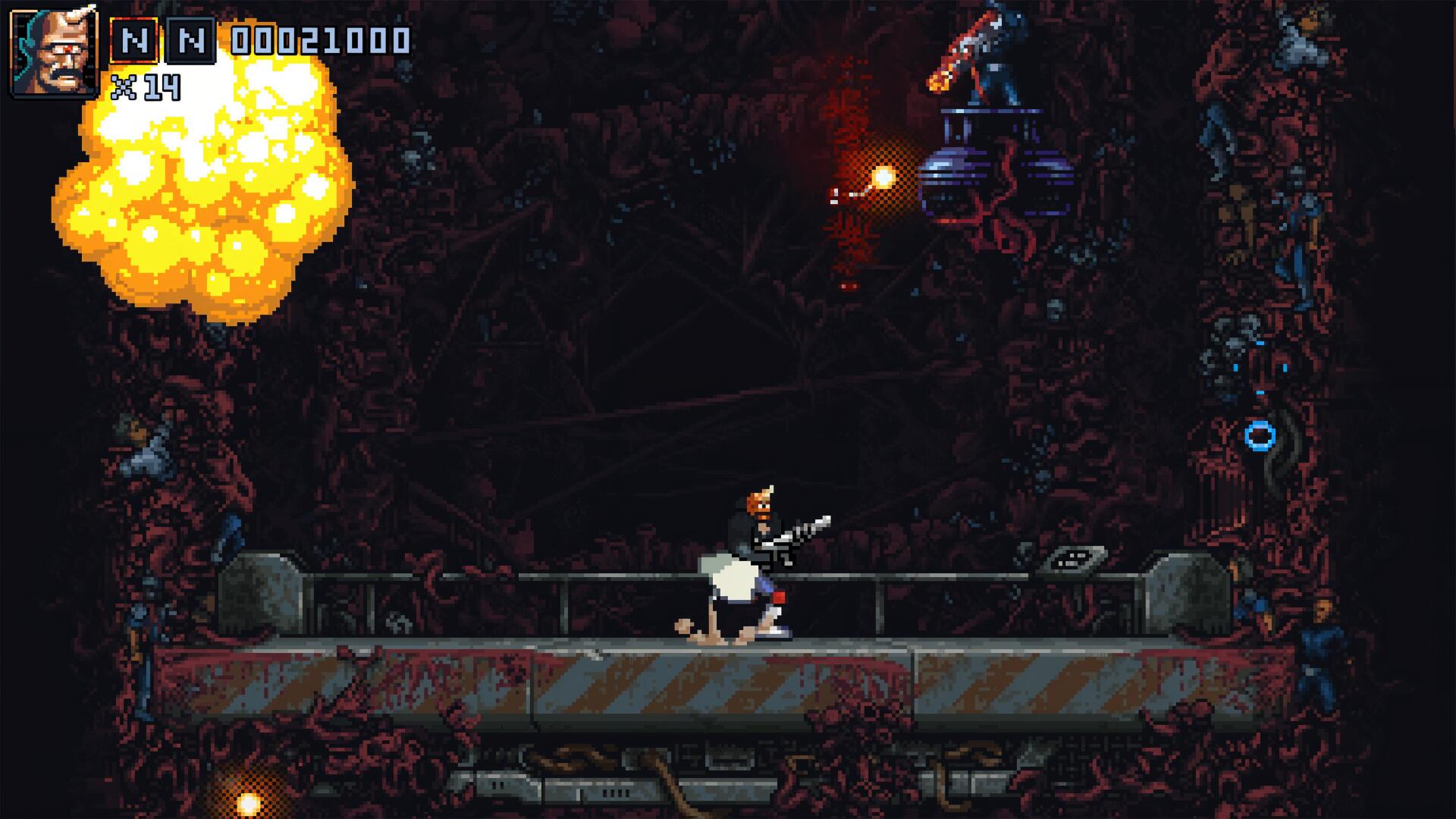 A scene from the video game Iron Meat, featuring a character shooting while an explosion occurs nearby, set in a dark, gritty environment filled with sinister elements.