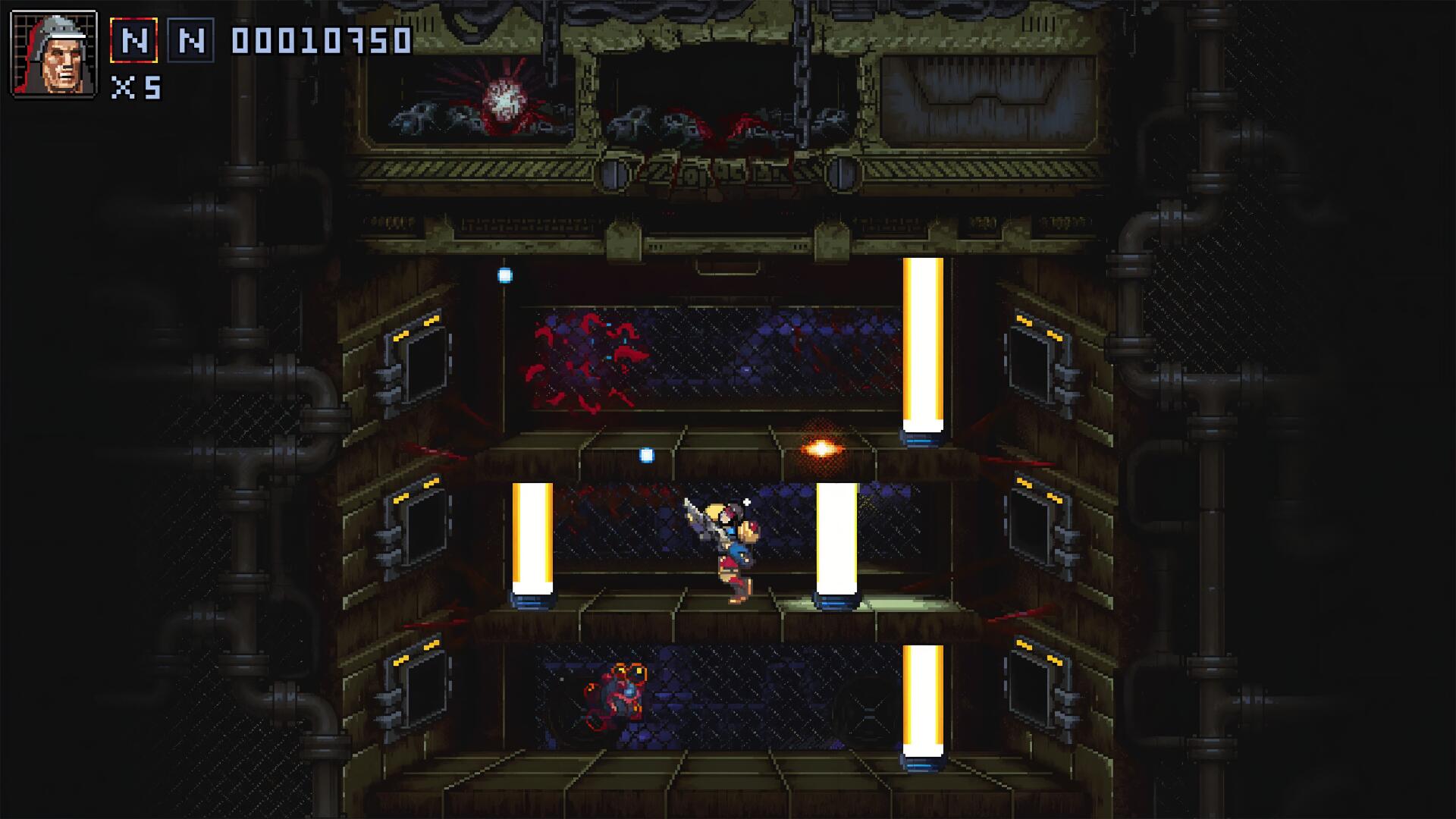 An action-packed scene from the video game Iron Meat, featuring a character navigating a multi-level environment while battling enemies and avoiding obstacles.