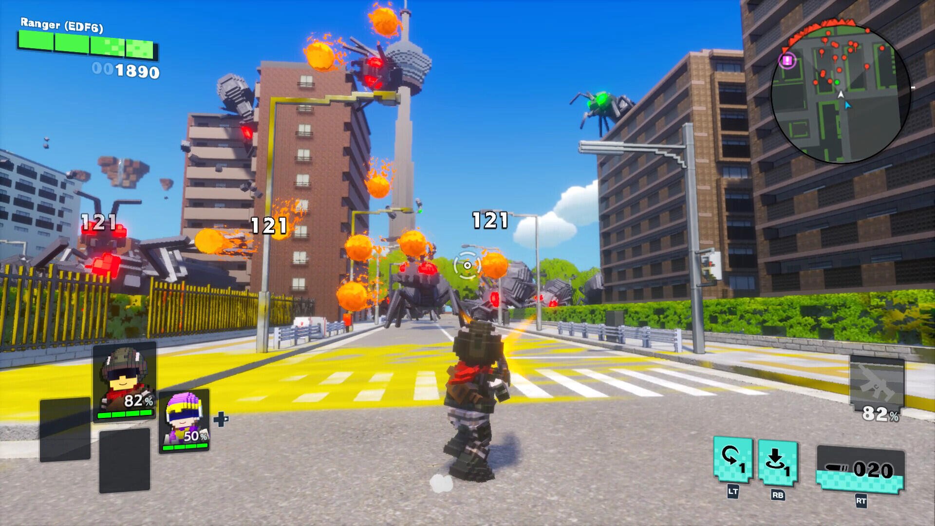 A character from Earth Defense Force: World Brothers 2 stands on a street, facing giant creatures while colored orbs float around, set against a vibrant city backdrop.