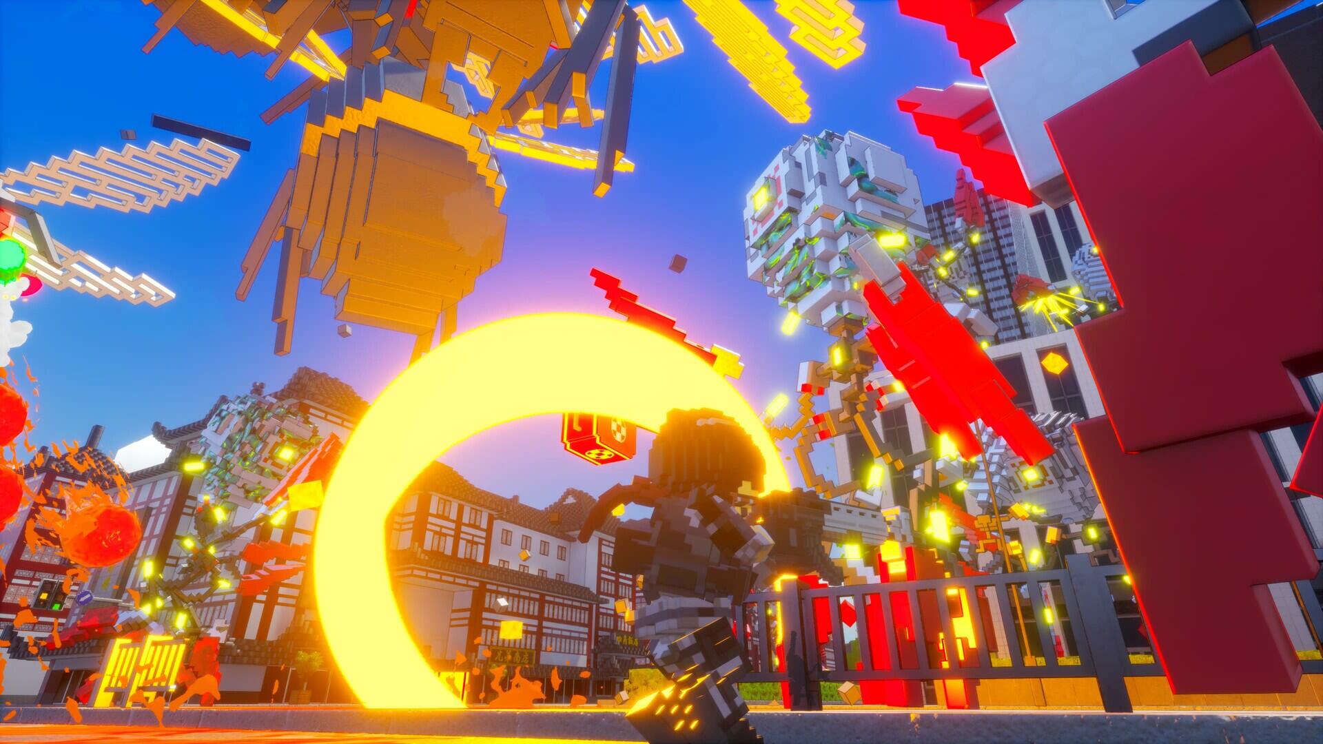 A scene from the video game Earth Defense Force: World Brothers 2, showcasing vibrant colors and action as characters battle against towering robotic enemies in a cityscape.