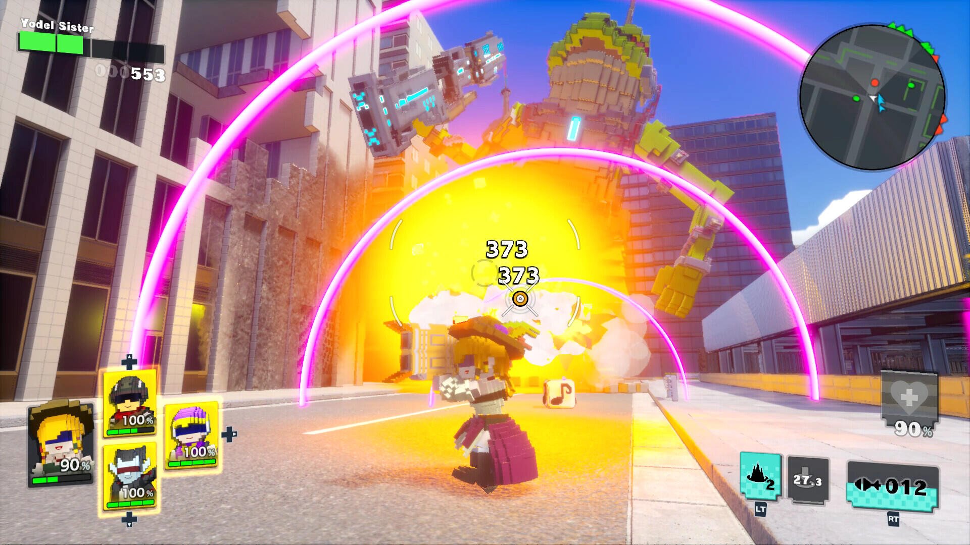 A vibrant scene from the video game Earth Defense Force: World Brothers 2, featuring a character battling a giant monster amidst colorful explosions and special effects.