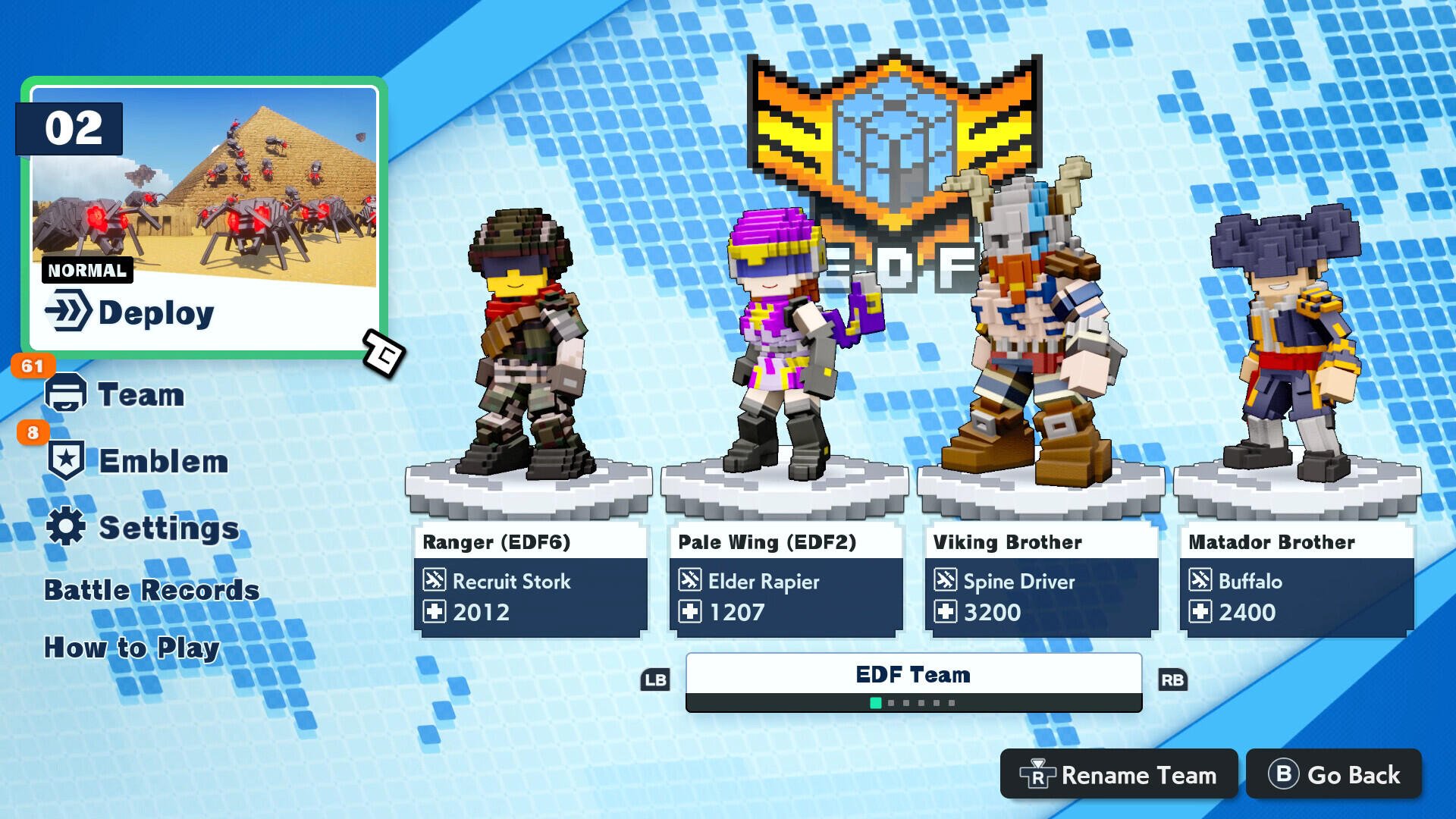 The image showcases a team selection screen from the video game Earth Defense Force: World Brothers 2, featuring four unique characters ready for deployment.