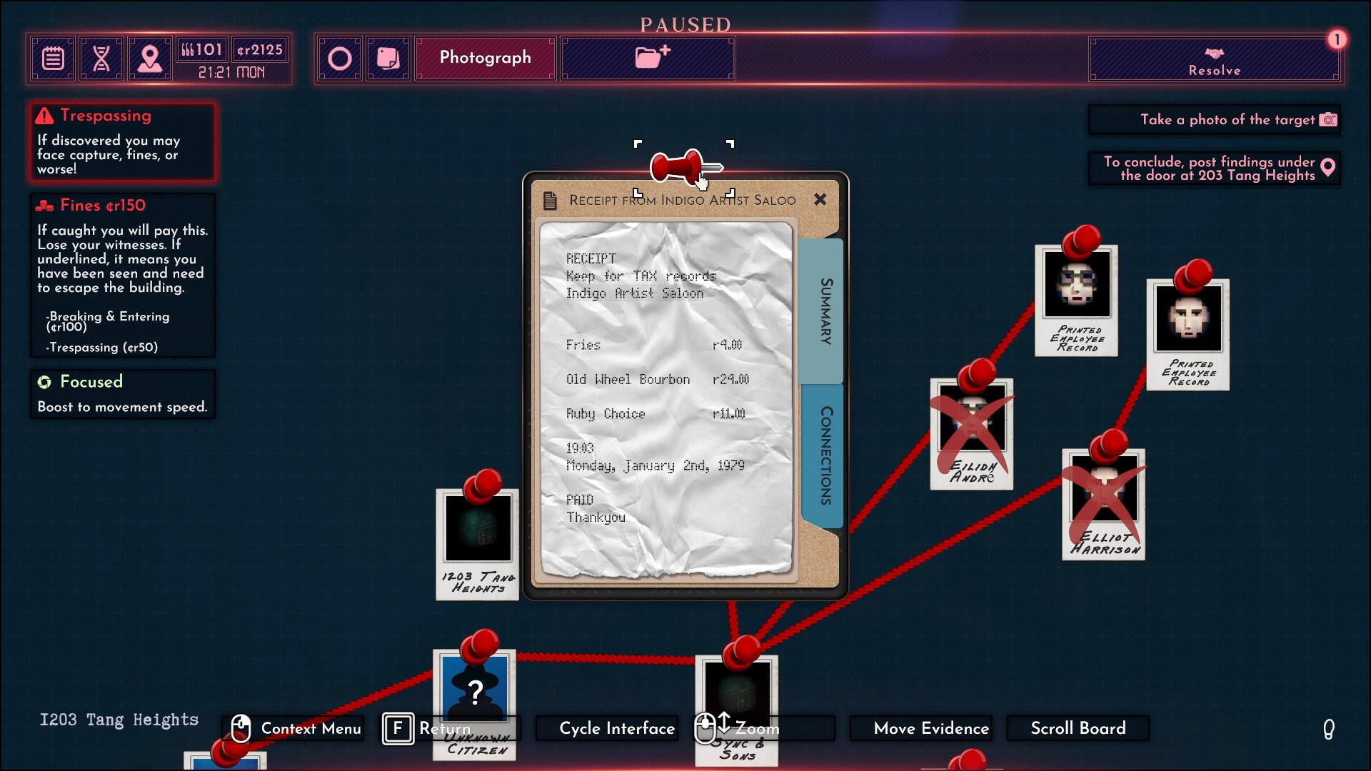 A paused screen from the video game Shadows of Doubt, featuring a crumpled document and a web of interconnected characters marked with red indicators.