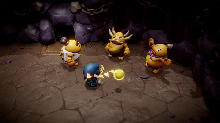 A character from The Legend of Zelda: Echoes of Wisdom interacts with three creatures in a dimly lit cave, showcasing their vibrant designs and playful atmosphere.