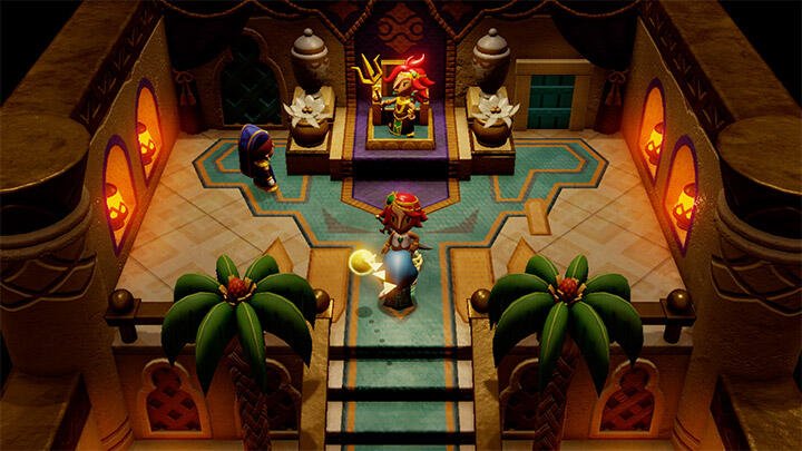 A scene from the video game The Legend of Zelda: Echoes of Wisdom, featuring a character in a vibrant temple surrounded by palm trees and intricate decorations.