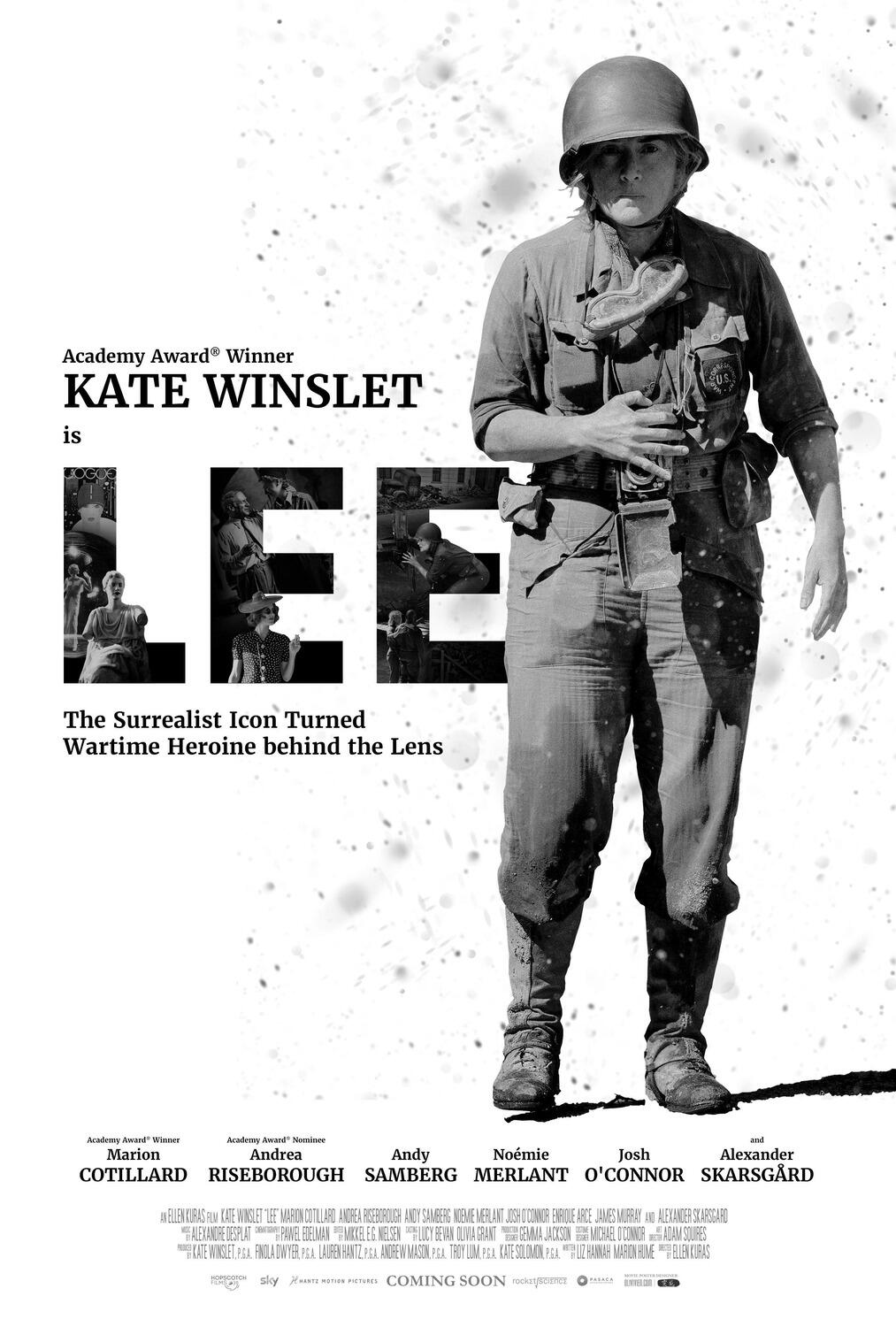A black-and-white movie poster for Lee, featuring Kate Winslet as a wartime heroine. The film highlights the surrealist icon behind the lens. Coming soon.