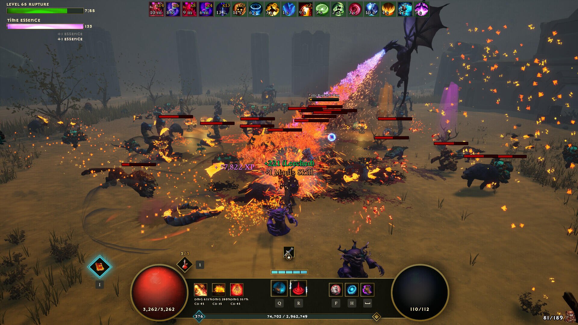 A chaotic battle scene from the video game Dwarven Realms, featuring numerous creatures and vibrant effects, as players engage in intense combat amidst fiery explosions.
