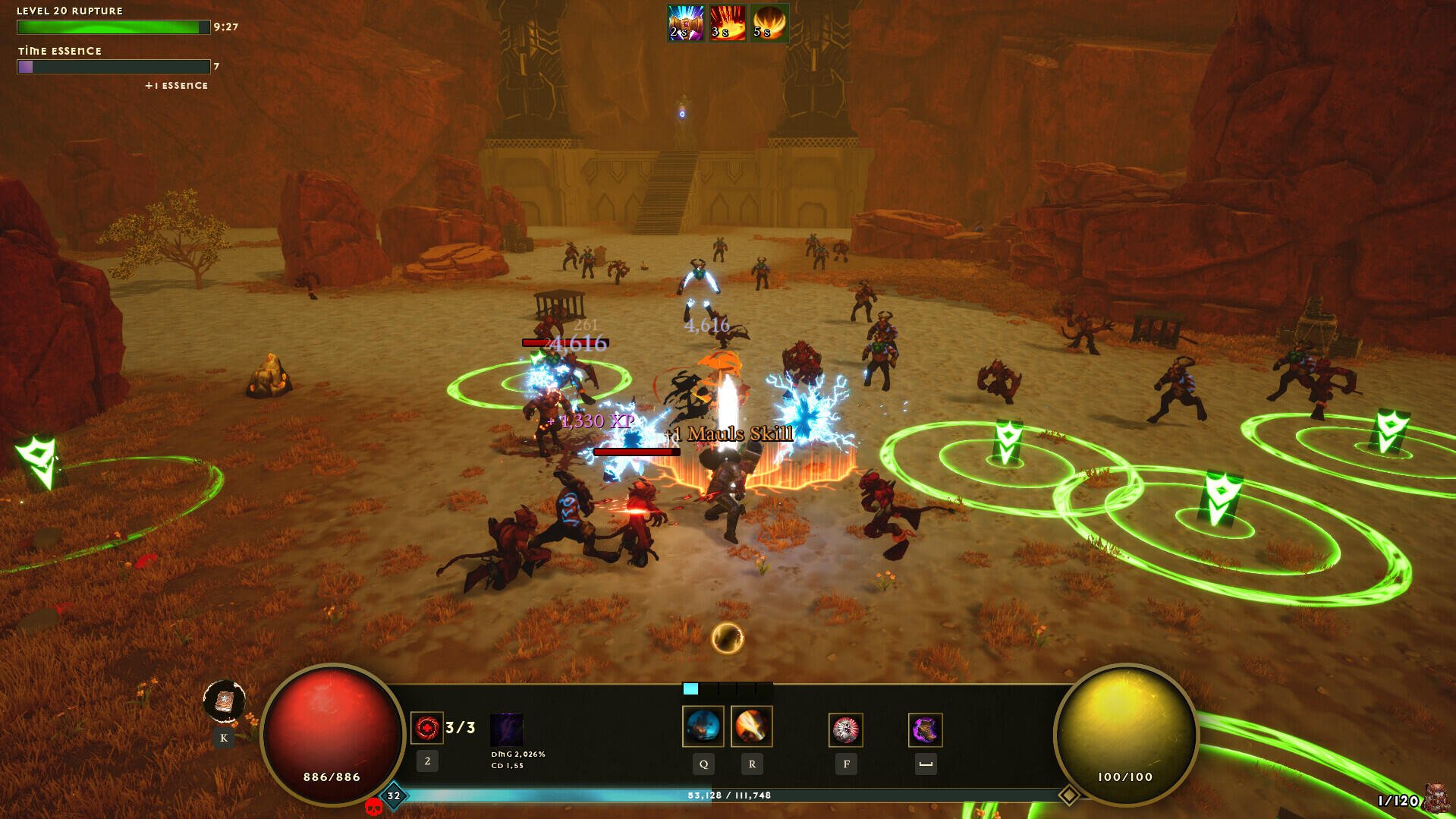 A dynamic scene from the video game Dwarven Realms, showcasing intense combat with multiple characters engaged in battle amidst glowing magical effects on a rugged terrain.