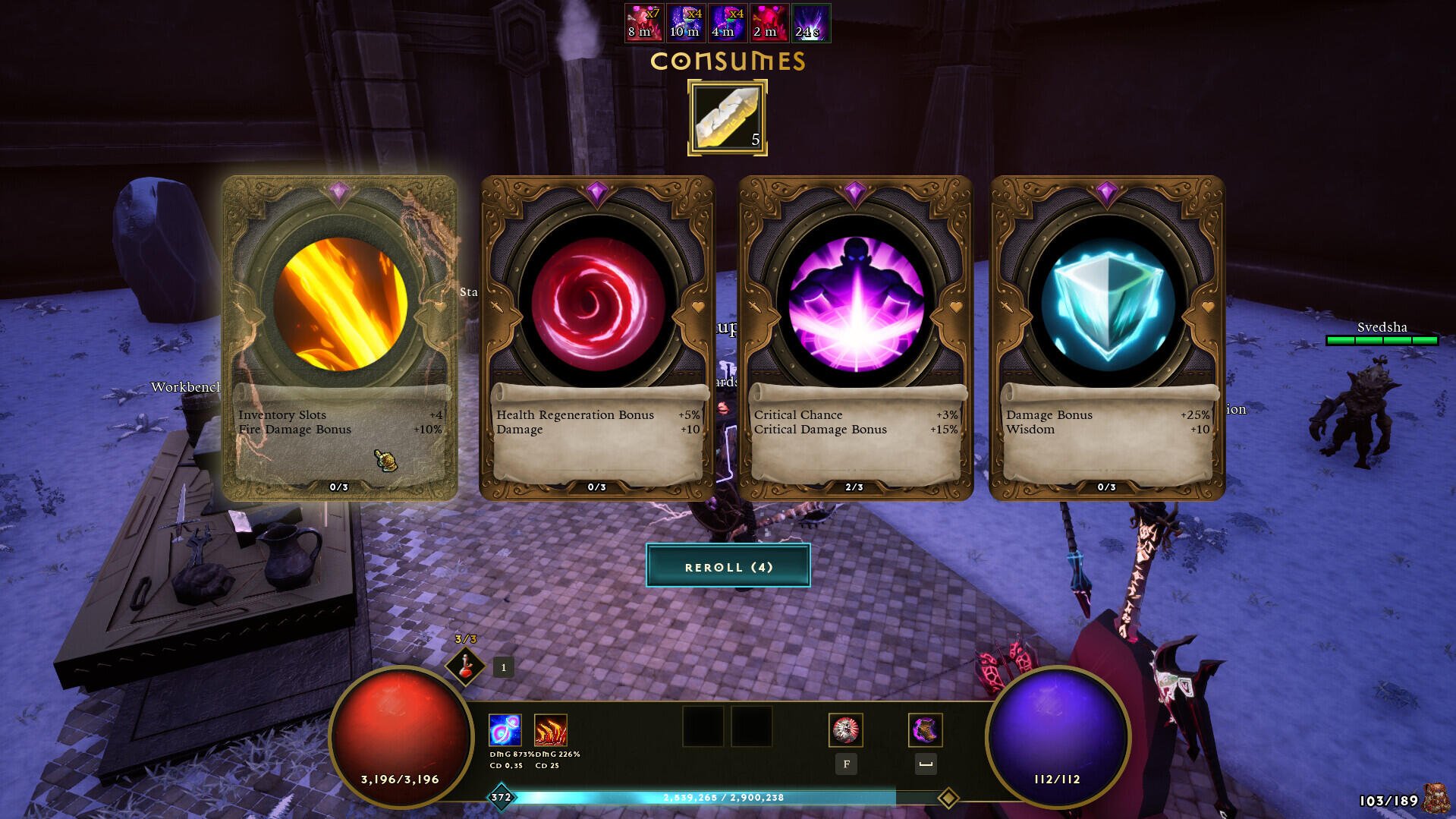 A display from the game Dwarven Realms showing four consumable items, each with unique effects, set against a snowy background and an interactive interface.