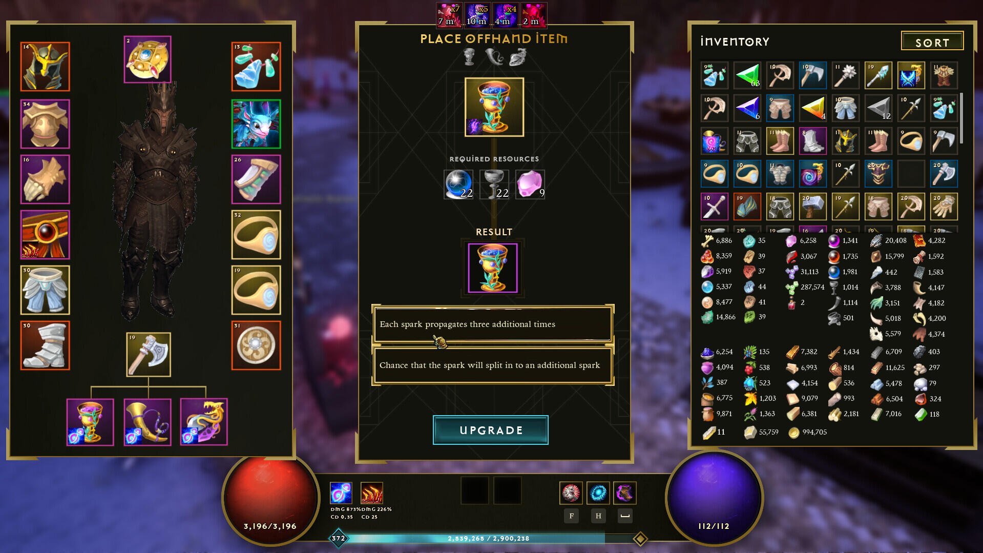 A gameplay screenshot from Dwarven Realms showcases an inventory interface, featuring various items and an upgrade option for enhancing equipment and abilities.