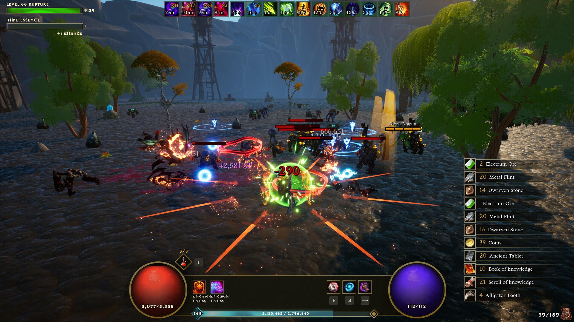 A vibrant scene from Dwarven Realms, showcasing intense battles with magical attacks and colorful effects in a dynamic landscape filled with trees and structures.