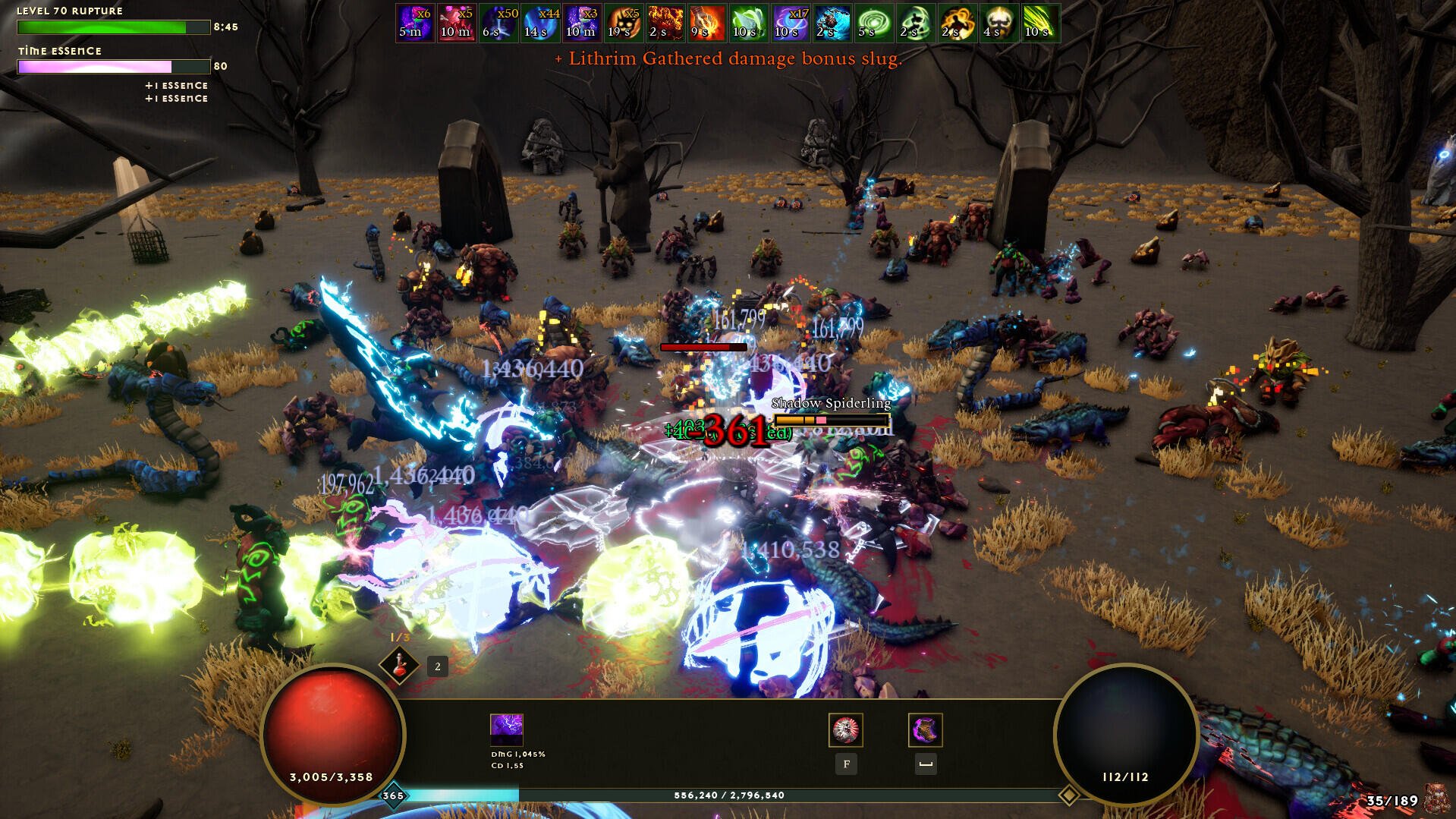 A dynamic scene from the video game Dwarven Realms, featuring intense battles with vibrant spells and a variety of characters engaged in combat amidst a mystical landscape.