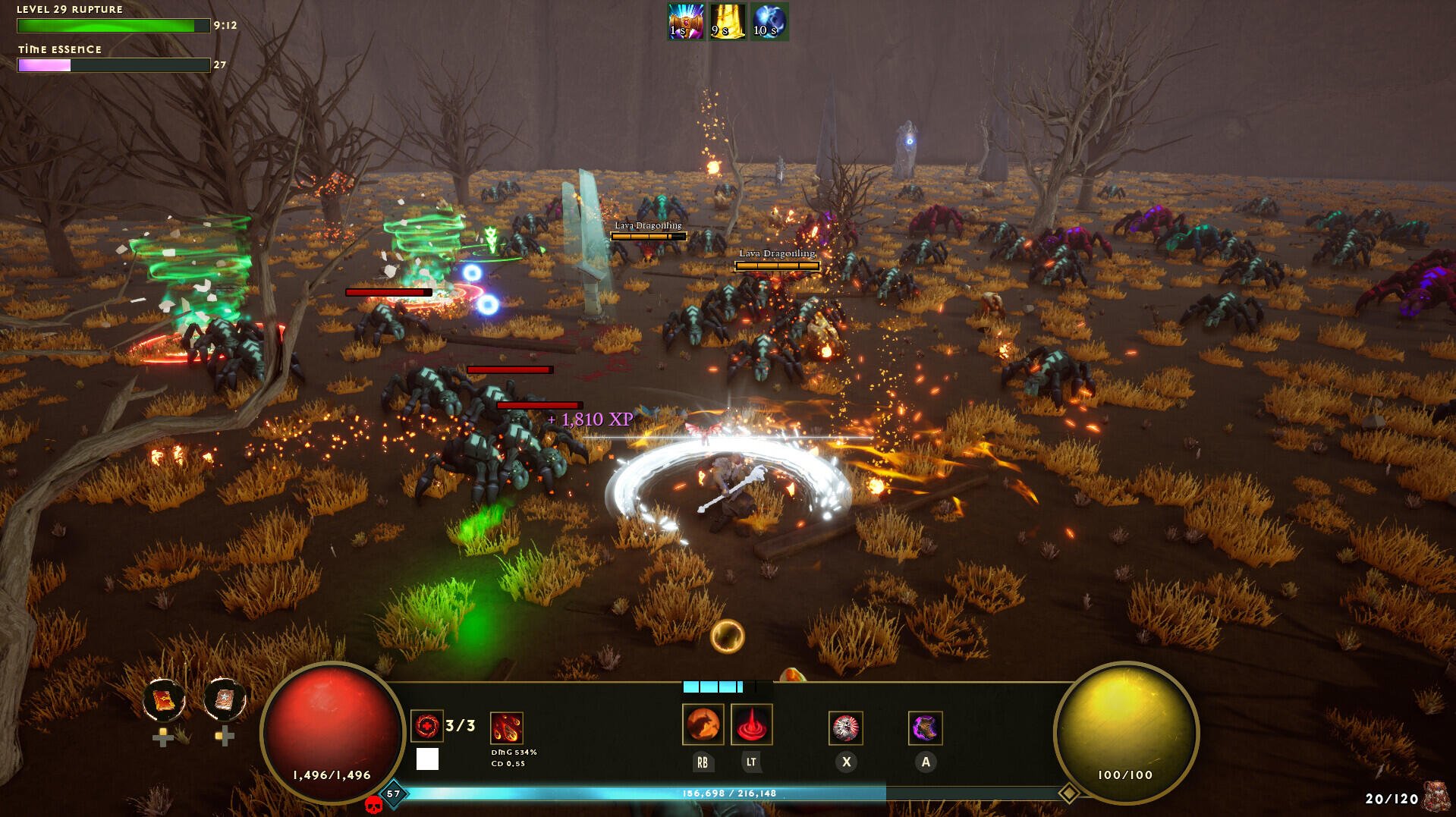 A dynamic scene from the video game Dwarven Realms, showcasing a fierce battle in a colorful, chaotic environment filled with characters and magical effects.