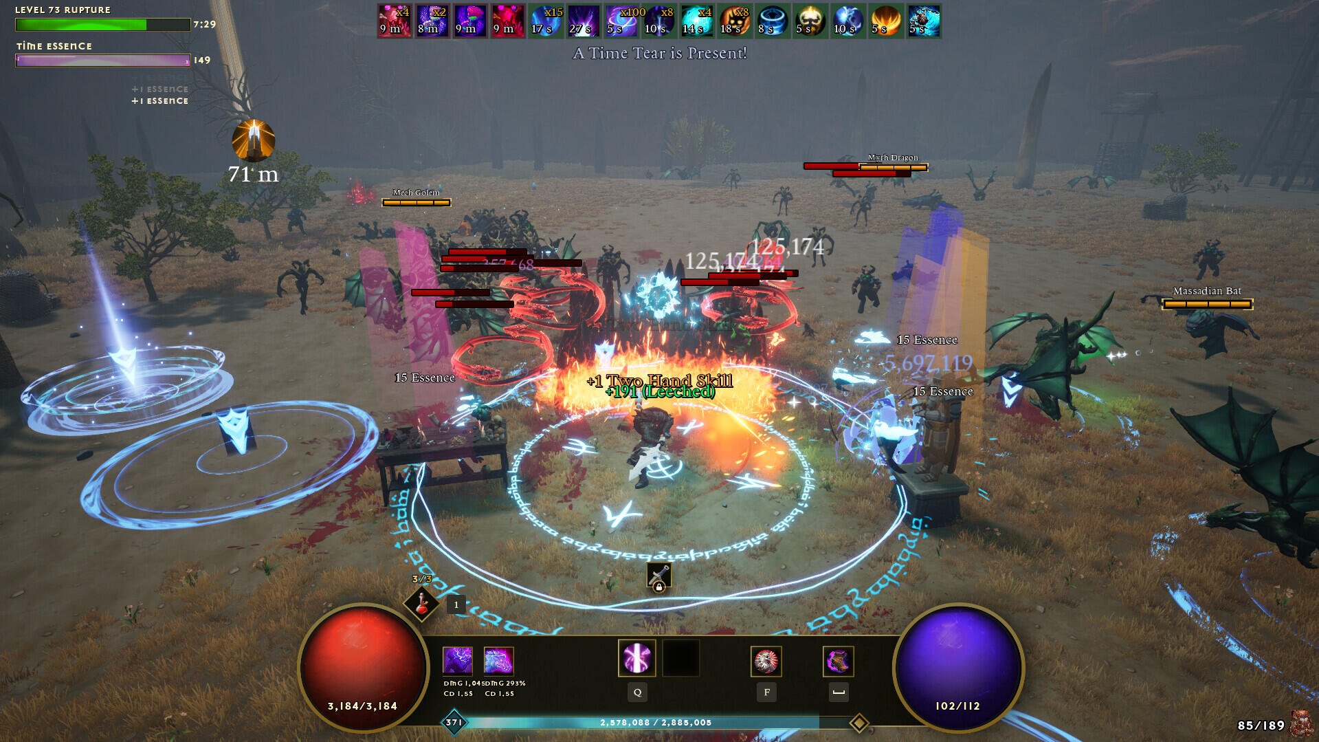 A dynamic scene from the video game Dwarven Realms, showcasing intense combat with colorful spells and a variety of characters battling against enemies in a vibrant landscape.