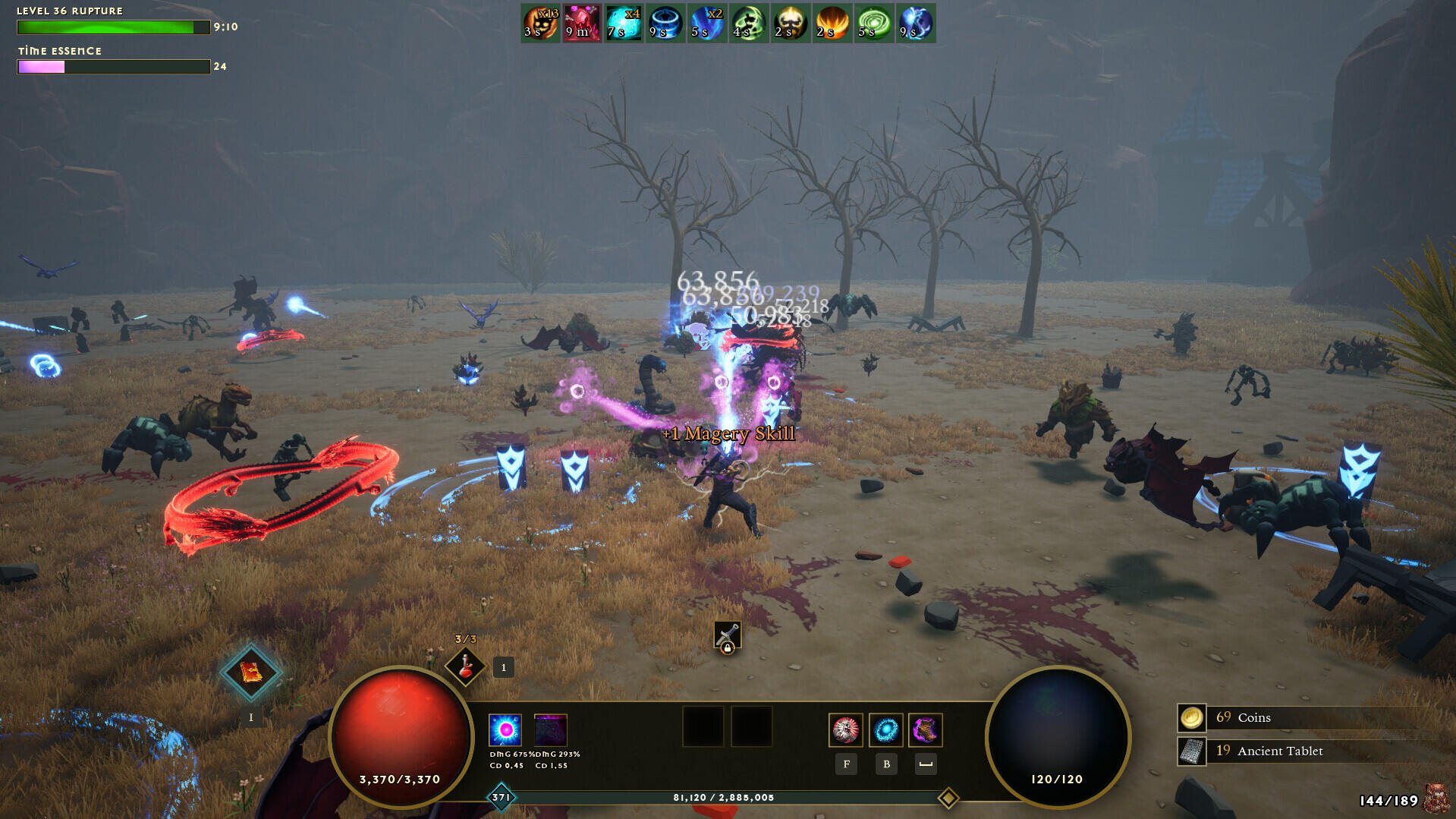 A dynamic scene from the video game Dwarven Realms, showcasing characters engaged in battle against various creatures in a desolate, foggy landscape.