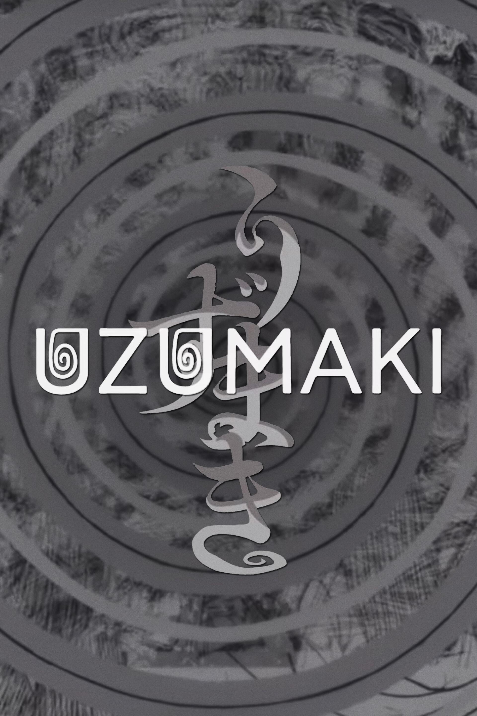 A visually striking design featuring the title UZUMAKI in bold letters, surrounded by a series of spirals, inspired by the horror themes of the anime Uzumaki: Spiral Into Horror.