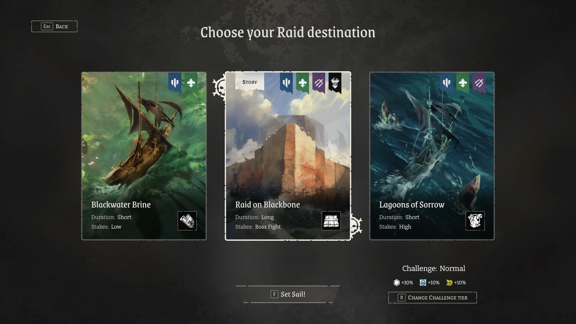 Screenshot from the video game Rogue Waters, featuring a selection screen for raid destinations: Blackwater Isle, Raid on Blackshore, and Legions of Serrae.
