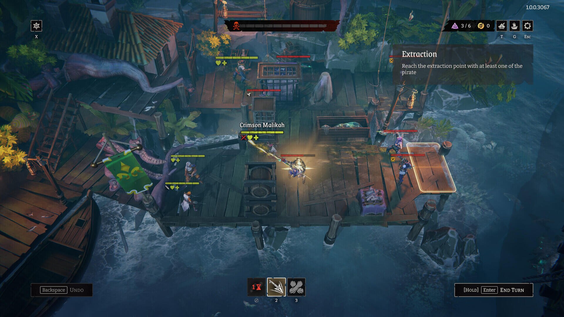 A dynamic scene from the video game Rogue Waters, showcasing a tactical battle on a wooden dock with characters engaging in combat against enemies amidst a lush, watery backdrop.