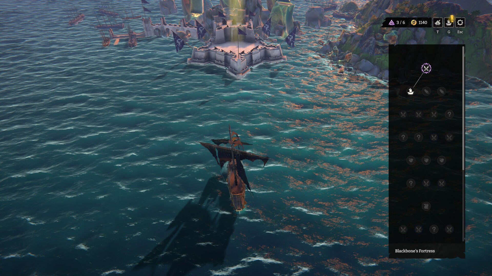 A ship navigates through shimmering waters near a coastal settlement in the video game Rogue Waters, showcasing a vibrant marine setting and engaging gameplay elements.