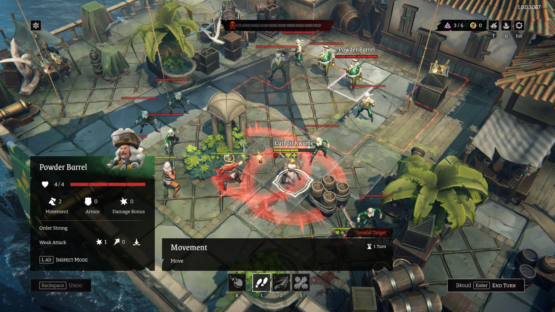 A tactical gameplay scene from the video game Rogue Waters, featuring characters navigating a vibrant island environment filled with enemies and strategic elements.