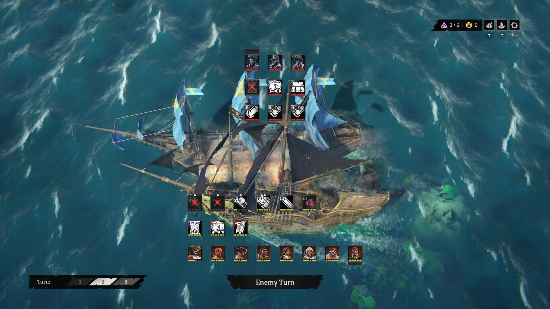 An overhead view of a ship from the video game Rogue Waters, featuring crew members displayed above the deck and a vibrant ocean background.