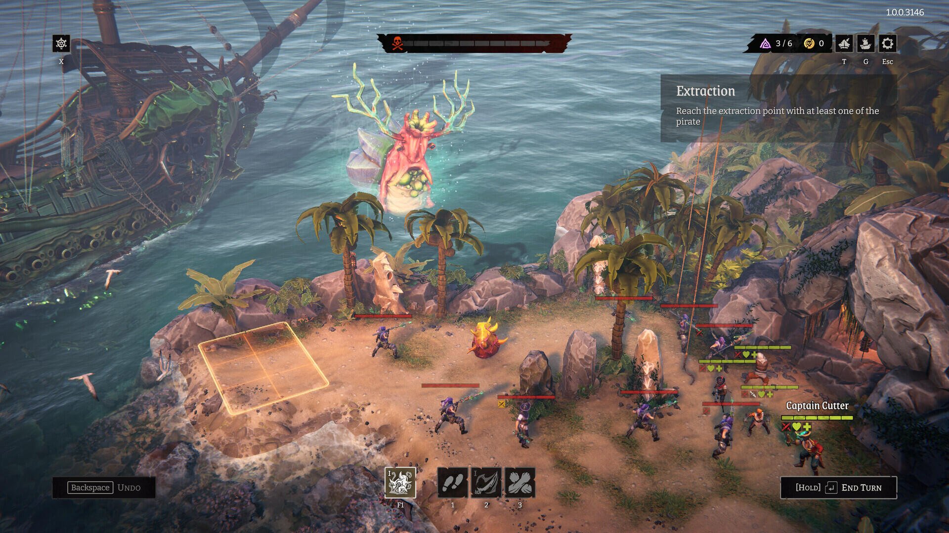 A scene from the video game Rogue Waters featuring a group of characters engaged in battle on a tropical shore, with a large enemy creature and a ship in the background.