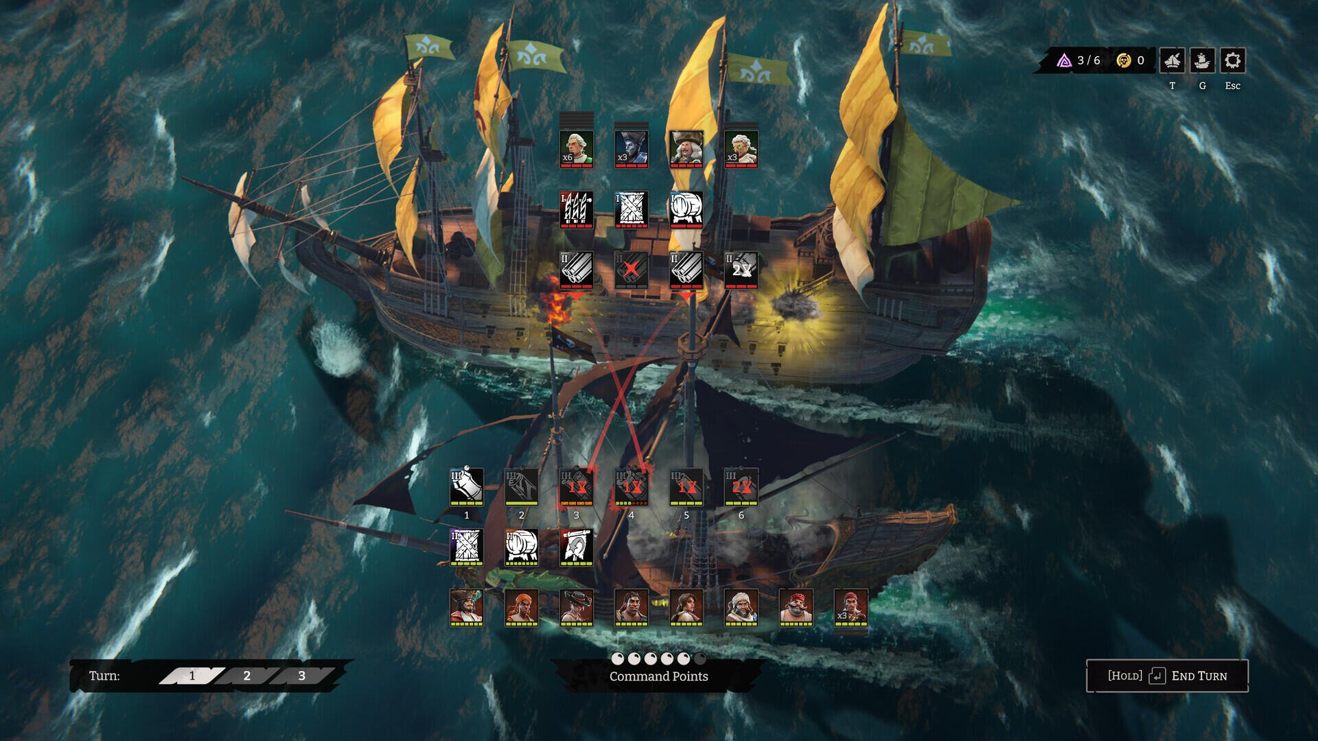 A strategic gameplay scene from the video game Rogue Waters, featuring two ships navigating turbulent waters, with various crew members displayed on the deck.