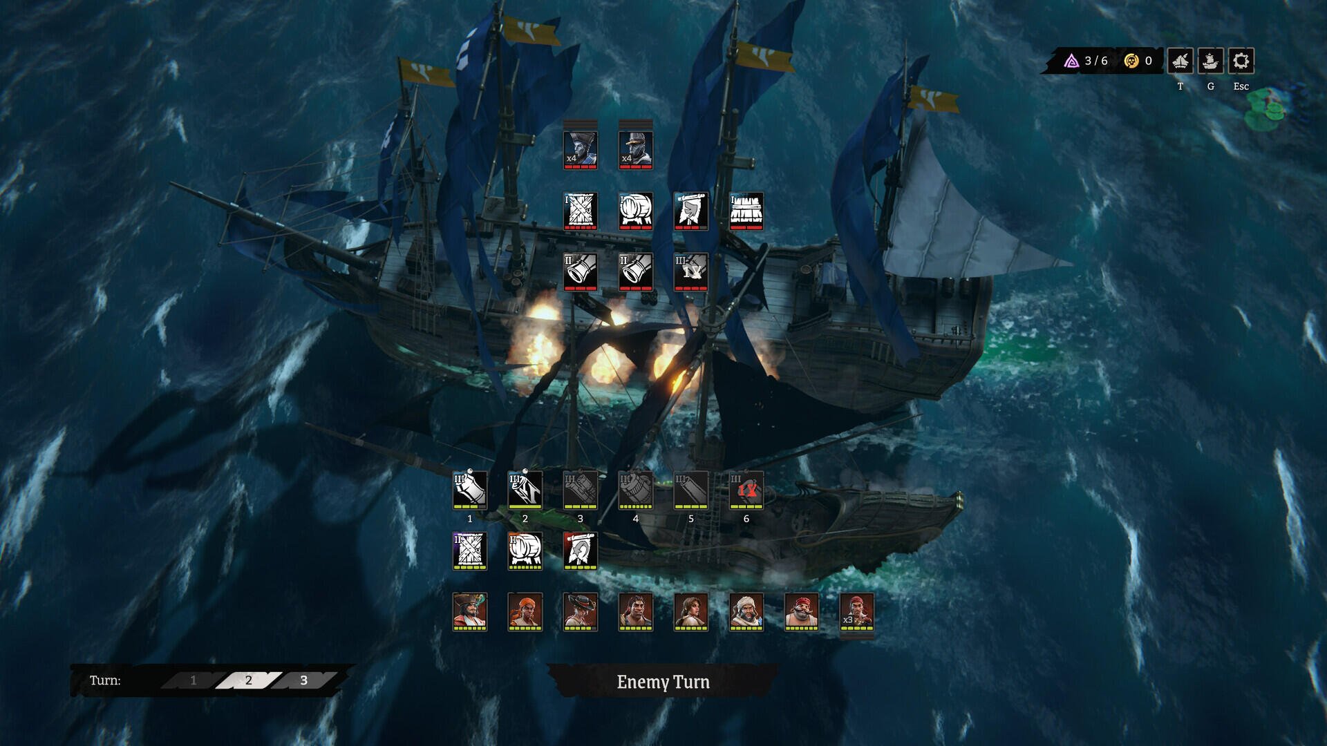 A fleet of colorful ships navigates turbulent waters, showcasing characters and stats from the video game Rogue Waters, highlighting an engaging naval combat scene.