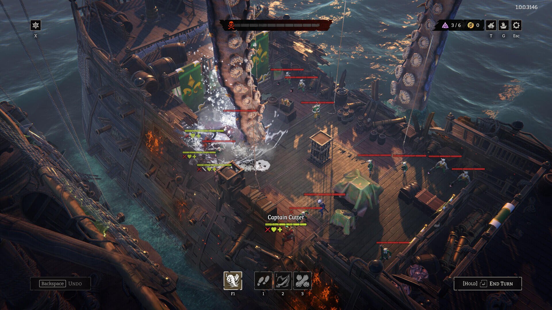 A chaotic scene from the video game Rogue Waters, showcasing a battle on a ship amidst waves, with combatants engaged and dramatic visuals of tentacles and surroundings.